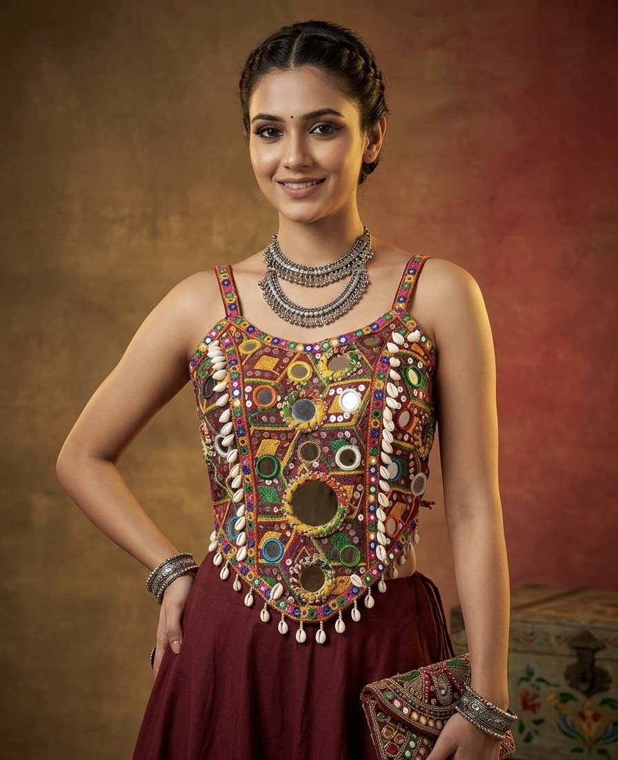 Vibrant handcrafted mirror-work ethnic corset blouse